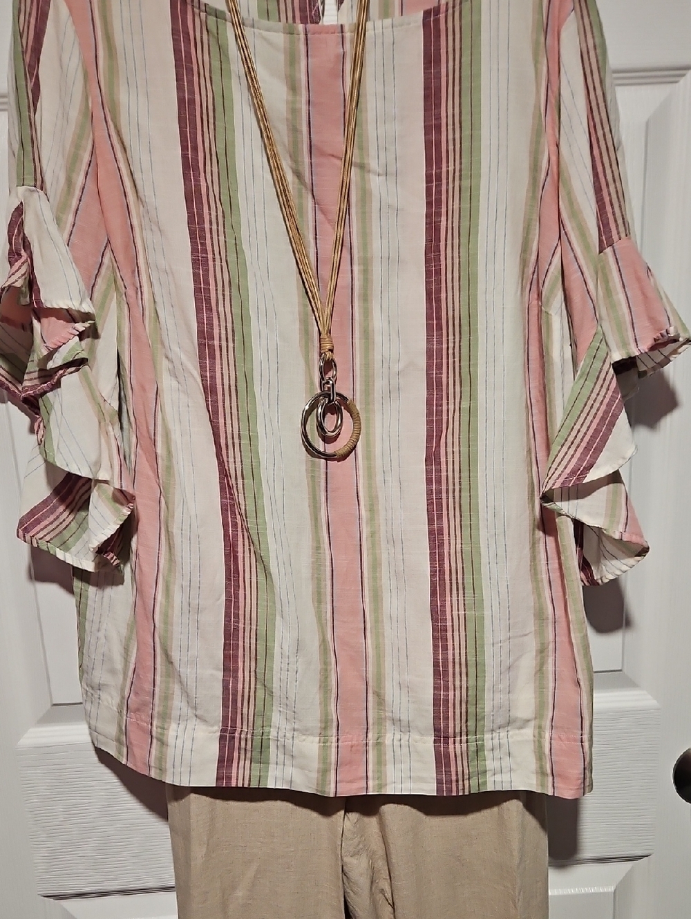 Chaps Striped Ruffle-Sleeve Blouse in Pink, Cream & Green